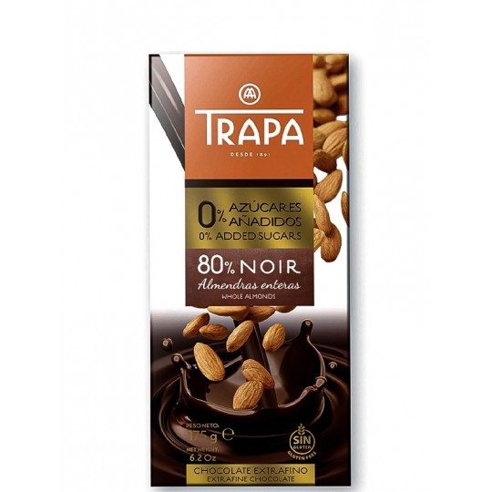 Шоколад без сахара TRAPA INTENSO 0% черный 80% с миндалем 175 грамм Шоколад без сахара TRAPA INTENSO 0% черный 80% с миндалем 175 грамм